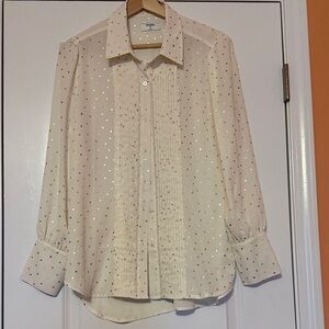 Like New UNTUCKit Cream Button Down Blouse with Gold Dots